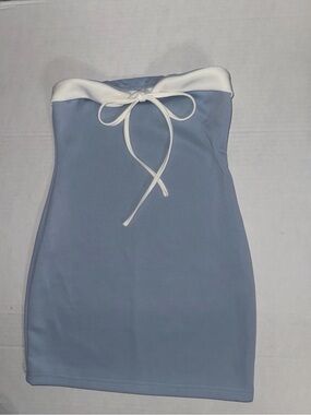 Strapless Blue & White Tie-Front Tube Dress